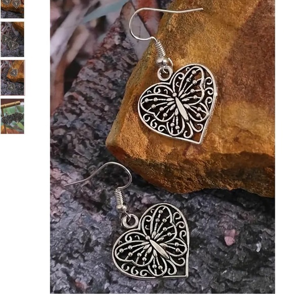 New Retro Butterfly Heart Pendant Earrings in Silver - Picture 4 of 5